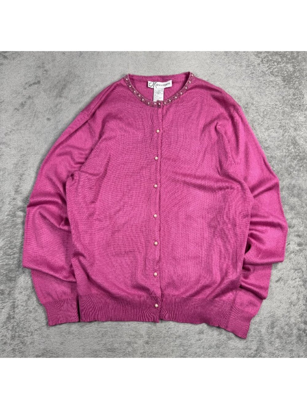 Vintage Dressbarn Pink Cardigan Womens Large Angora Knit Pearls Old Money Preppy